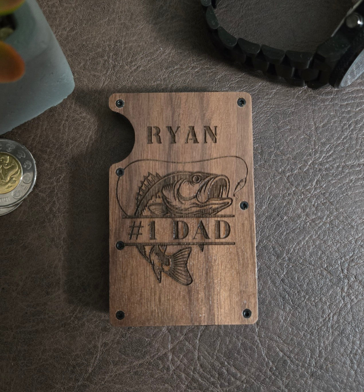 Fishing RFID Wallet – Engraved Wood Face, Personalized Design