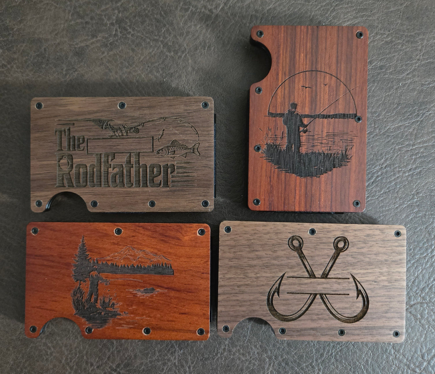 Fishing RFID Wallet – Engraved Wood Face, Personalized Design