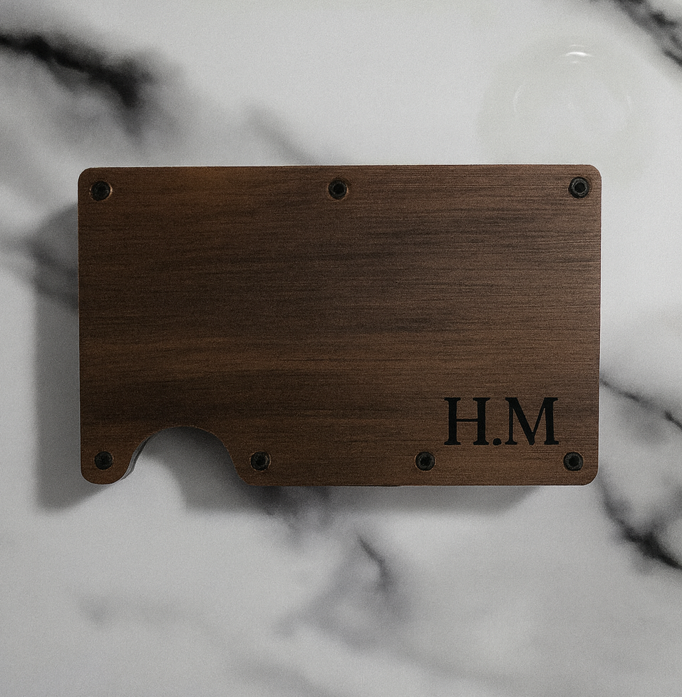 Monogrammed Minimalist Wallet – Personalized Wood & Metal RFID Blocking