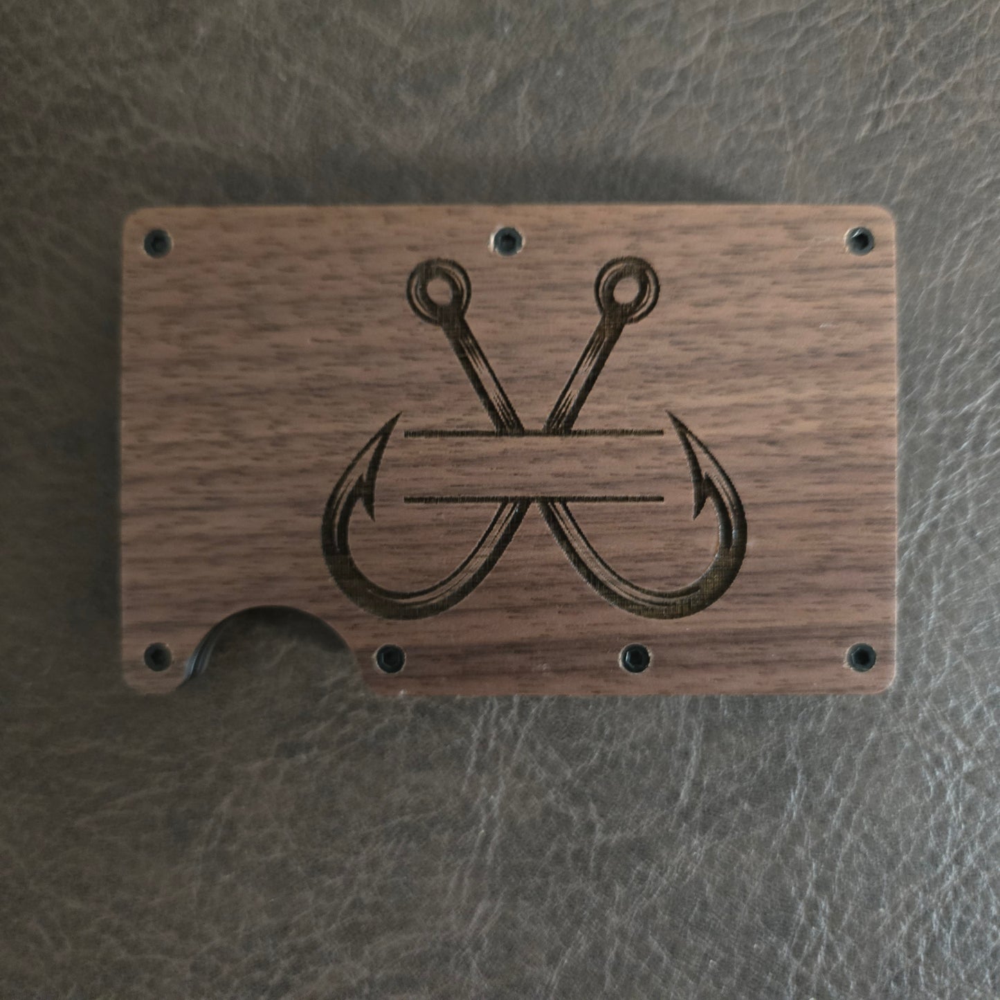 Fishing RFID Wallet – Engraved Wood Face, Personalized Design