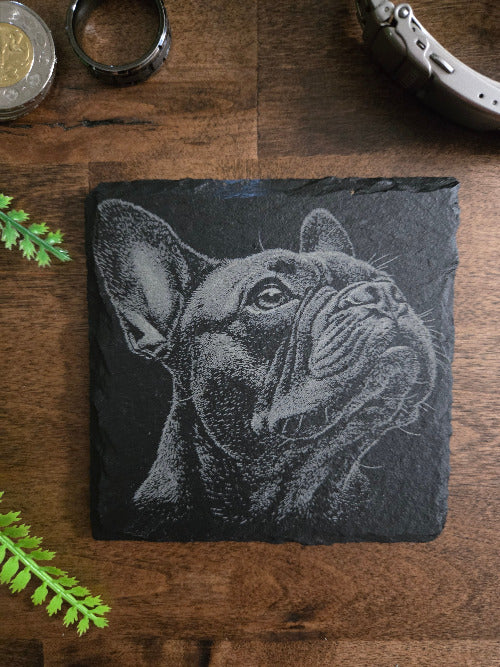Slate coaster with engraved dog design 