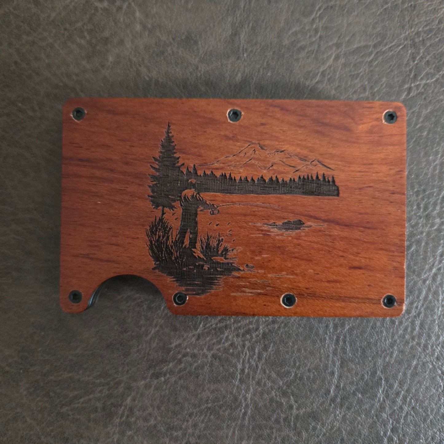 Fishing RFID Wallet – Engraved Wood Face, Personalized Design