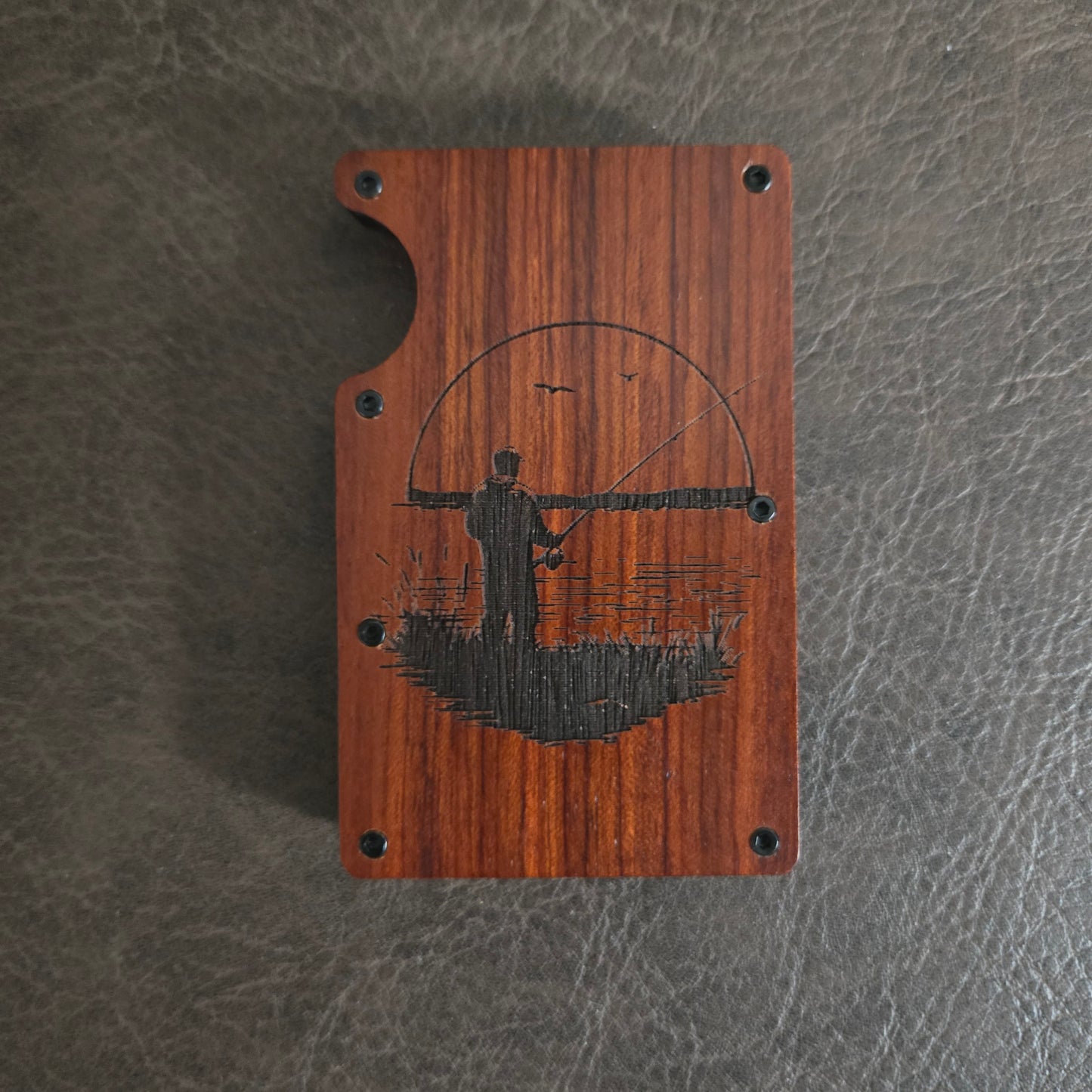 Fishing RFID Wallet – Engraved Wood Face, Personalized Design