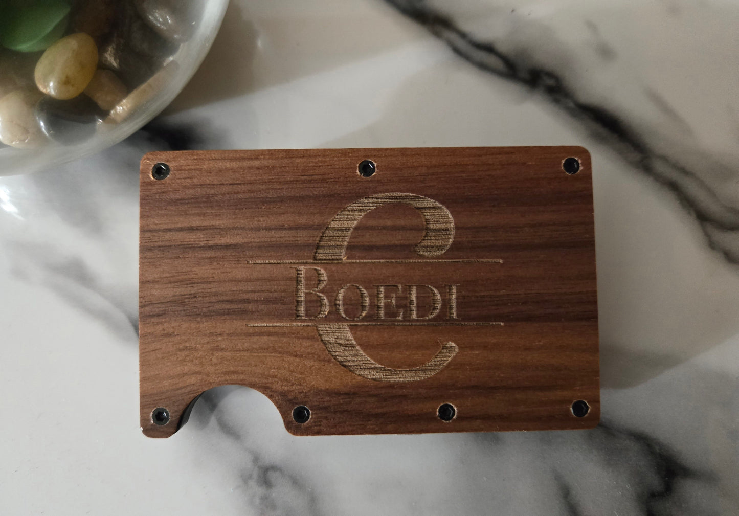 Monogrammed Minimalist Wallet – Personalized Wood & Metal RFID Blocking