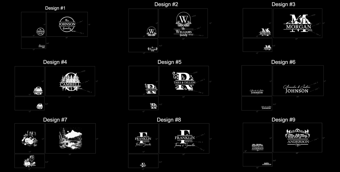 Nine design variations of a logo with different text and symbols on a black background