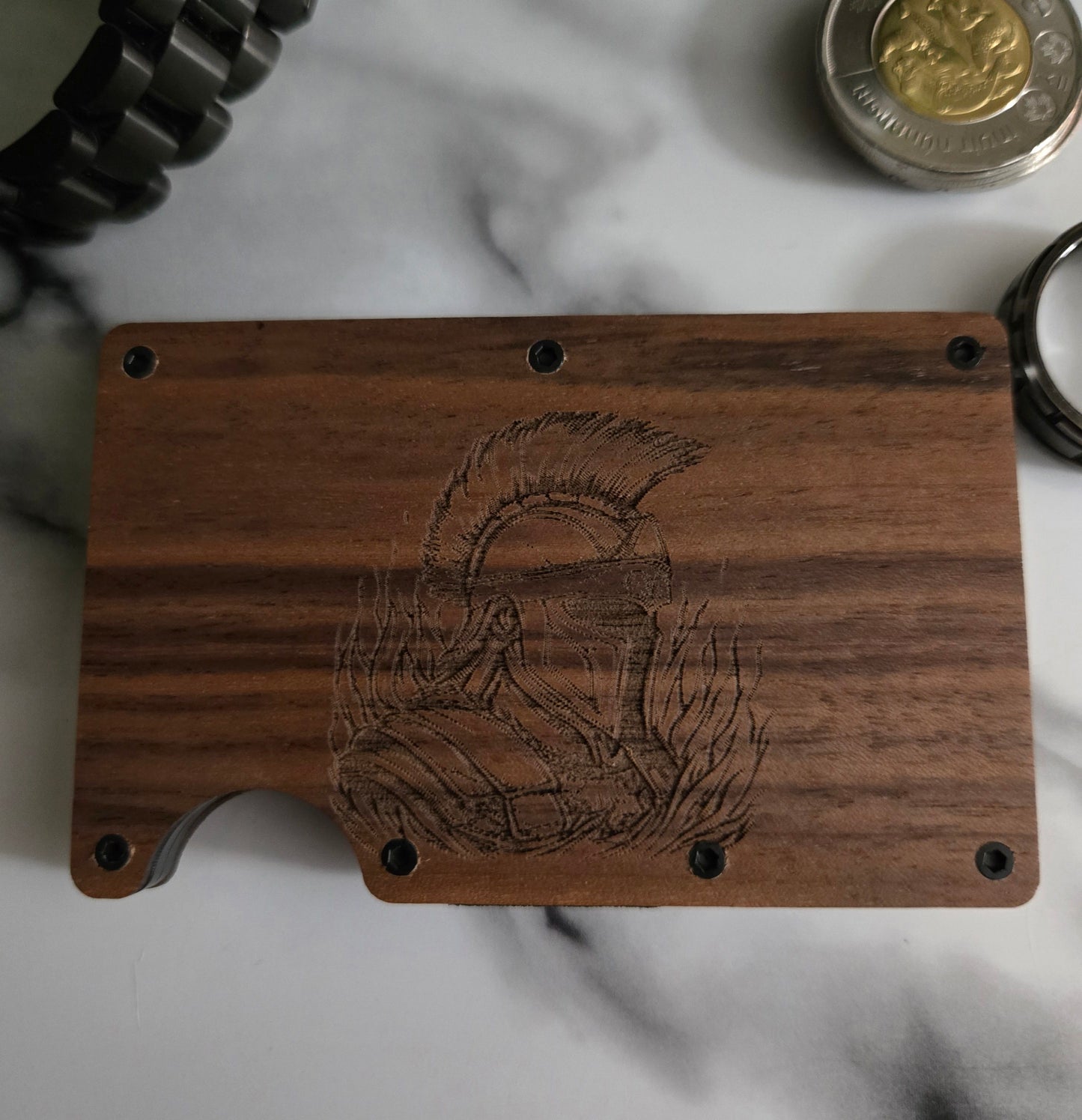 Spartan RFID Wallet – Engraved Wood Face, Minimalist Design