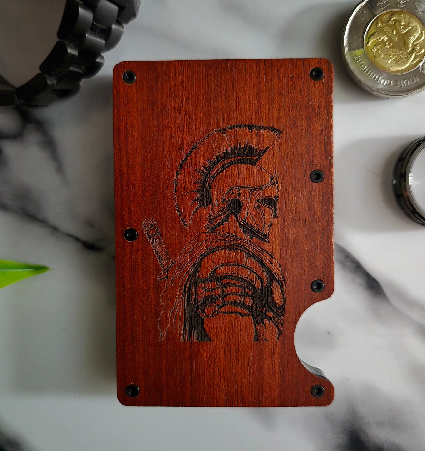 Spartan RFID Wallet – Engraved Wood Face, Minimalist Design