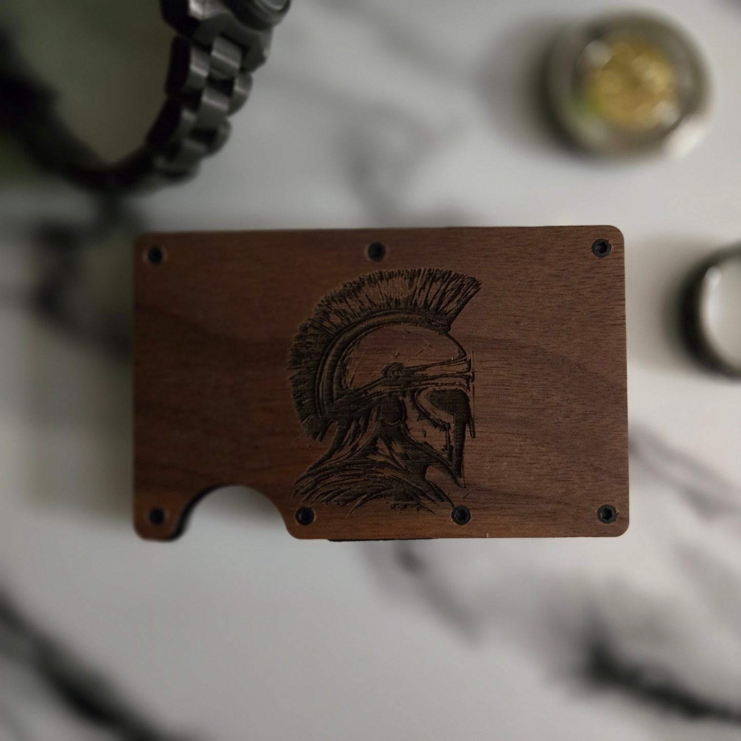 Spartan RFID Wallet – Engraved Wood Face, Minimalist Design