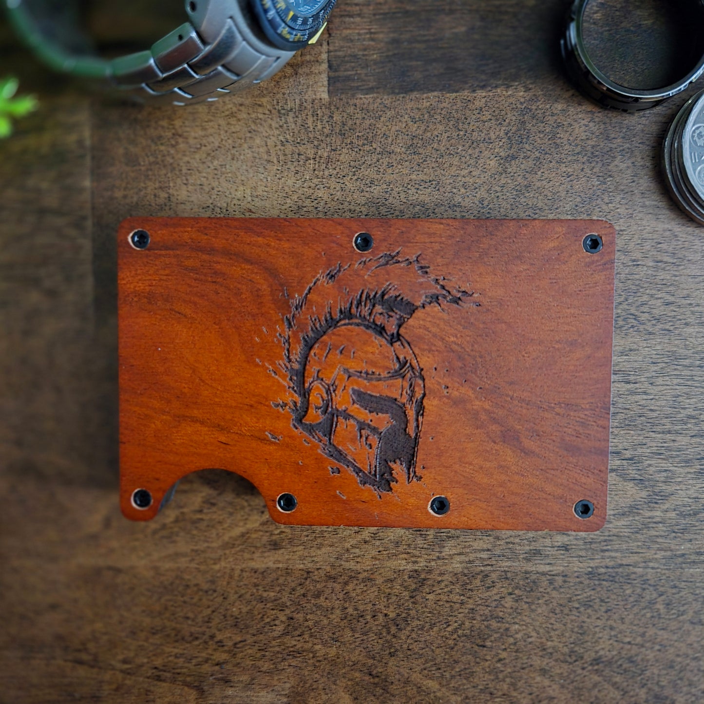Spartan RFID Wallet – Engraved Wood Face, Minimalist Design